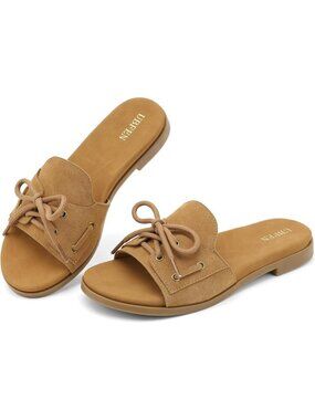 Womens Brown Comfortable Faux Suede Upper Slide Slip-On Casual Flat Sandal Shoes